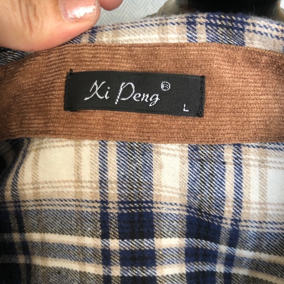 Blue and Cream Plaid Flannel Mens Button down L - Picture 6 of 7